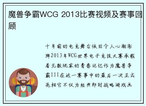 魔兽争霸WCG 2013比赛视频及赛事回顾