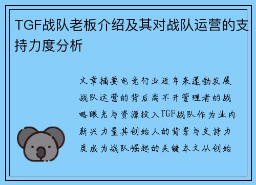 TGF战队老板介绍及其对战队运营的支持力度分析