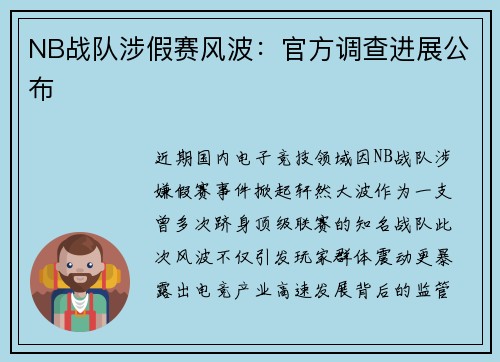NB战队涉假赛风波：官方调查进展公布